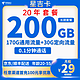 中国电信 长期星吉卡 29元（200G全国流量＋20年套餐）