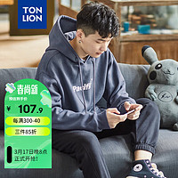 TONLION 唐狮 2023男加绒文字连帽卫衣 复古蓝 XXL