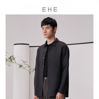 EHE男装 2024春季新款四面弹泡泡纱双层门襟翻领圆摆微落肩衬衫男 黑色，尺码：
