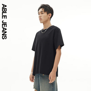 ABLE JEANS24中国想象玉落青龙新中式图案做旧水洗短袖T恤男 黑色 XL