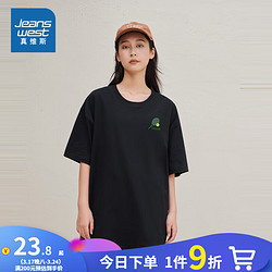 JEANSWEST 真维斯 女装秋冬女式休闲舒适纯棉针织时尚圆领短袖T恤YU 黑色8010 175/96A/M