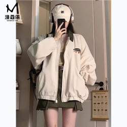 漫蔻依 美式复古夹克外套女2024春秋新款宽松百搭潮牌撞色棒球服开衫上衣 米白色 有里布 S