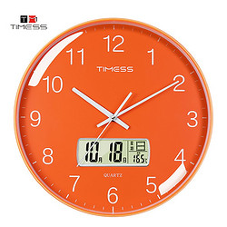 TIMESS 挂钟客厅万年历钟表北欧石英钟表挂墙卧室时钟家用日历免打孔挂表 P11-5 华丽橙25厘米