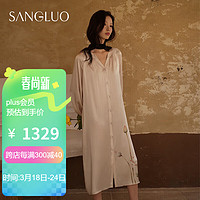 SANGLUO 桑罗 真丝睡裙长款新中式禅意芙蕖印花国风家居服 古杏色 M