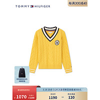 TOMMY HILFIGER24春季童装女绞花V领复古美式网球针织毛衣TH2412084 黄色216 L/160cm