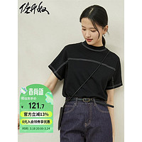 佐丹奴小高领t恤女纯棉时尚撞色明线宽松连袖上衣女18324602 09黑色 XL