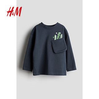 H&M 2024春季童装男童柔软圆领长袖棉质汗布T恤1223978 深灰色/豌豆 110/56 2-4Y