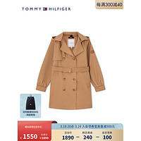 TOMMY HILFIGER24春季童装女英伦风双排扣系带连帽风衣款外套TH2412100 深卡其212 L/160cm