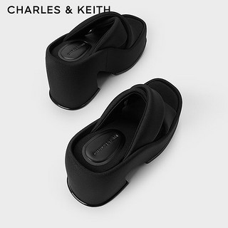 CHARLES&KEITH24春交叉带厚底高跟外穿凉拖鞋女CK1-80580145 BLACK TEXTURED黑色纹理 35