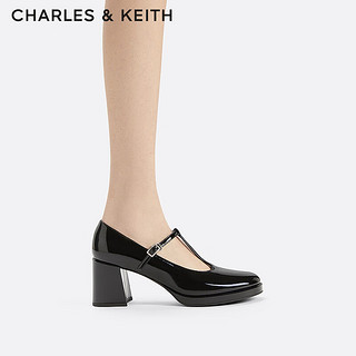 CHARLES&KEITH24春复古漆皮玛丽珍鞋粗跟高跟鞋子女鞋CK1-61720183 Black Box黑色 39