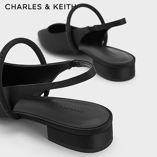 CHARLES&KEITH24春法式亮钻一字带平底尖头凉鞋CK1-70900487 BLACK TEXTURED黑色纹理 41