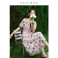 KAXIWEN 佧茜文 法式优雅连衣裙女夏季女装方领泡泡袖中长款裙子女