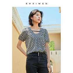 KAXIWEN 佧茜文 U型领棋盘格上衣女夏显瘦短袖女式衬衫