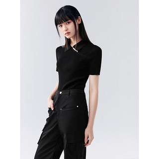 太平鸟黑色新中式针织衫女斜襟翻领短款时尚修身上衣 黑色 M