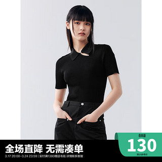 太平鸟黑色新中式针织衫女斜襟翻领短款时尚修身上衣 黑色1预计7月17日发货 M