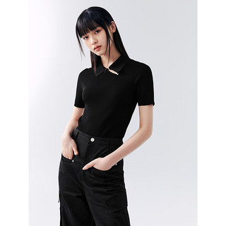 太平鸟黑色新中式针织衫女斜襟翻领短款时尚修身上衣 黑色 S