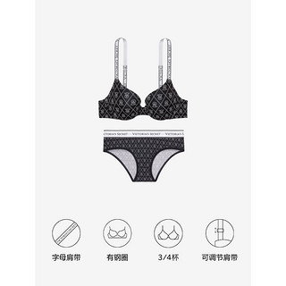 维多利亚的秘密（Victoria's Secret）  经典logo字母聚拢文胸女有钢圈胸罩内裤套装 5R48黑色印花-聚拢1458 32C+XS