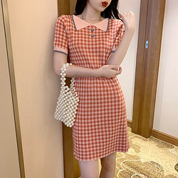 格子女夏新款韩版复古法式桔梗裙修身显瘦短袖洋气针织裙子