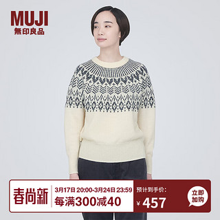 无印良品 MUJI 女式 美利奴羊毛 图案织 圆领毛衣 长袖针织衫  BA1NIA3A 米白色图案 L（165/88A）