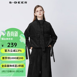 sdeer圣迪奥女装立领系带不规则灯芯绒短款外套S21362226 黑色/91 M/165