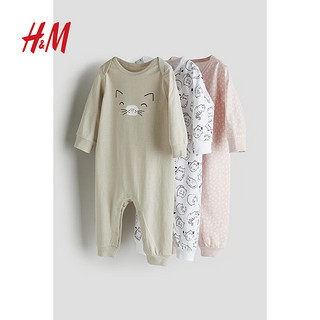 H&M童装婴儿女婴3件装简约时尚休闲舒适棉质汗布连体睡衣1217248 浅粉色/猫 52/40