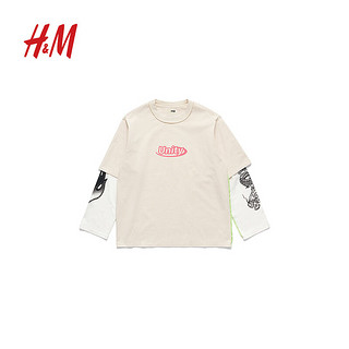 H&M【H2合作系列】男装T恤2024春季帅气印花双层长袖1225981 浅米色 165/84A XS