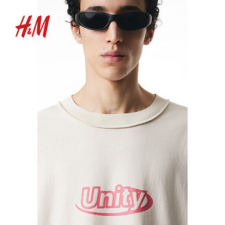 H&M【H2合作系列】男装T恤2024春季帅气印花双层长袖1225981 浅米色 165/84A XS