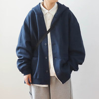 杜里尼秋冬季日系复古重磅华夫格连帽开衫卫衣加绒加厚简约轻熟风外套 藏蓝 L