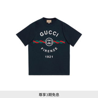 GUCCI古驰针织棉Gucci Firenze 1921男士短袖T恤 深蓝色 S