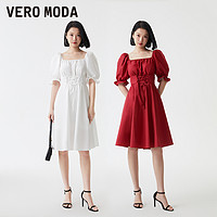 VERO MODA 红色连衣裙2023春夏新款甜美时尚泡泡袖系带收腰束腰裙