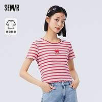 Semir 森马 短袖T恤女短款木耳边华夫格夏2023新款修身爱心镂空条纹衣服