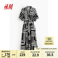 H&M2024春季新品女士腰部系带衬衫式连衣裙1217576 白色/蓝色花卉 170/116A XL