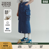 Teenie Weenie小熊2024春装休闲工装风牛仔开衩中长款半身裙女 中蓝色 160/S