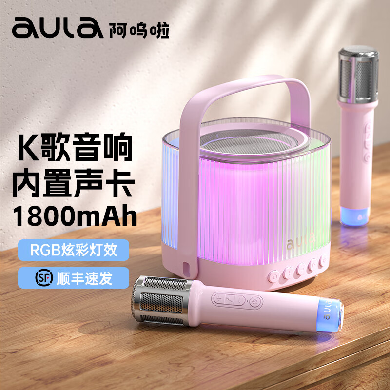  AULA/阿呜啦 一键消音 话筒音响一体K歌麦克风+双麦