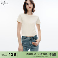 伊芙丽(eifini)伊芙丽优可思环保罗纹绣花圆领修身T恤女2024春装甜辣小上衣 米白圆领 160/84A/M 100-115斤