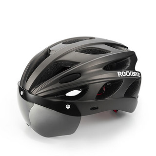 ROCKBROS 洛克兄弟 自行车头盔带风镜一体成型骑行头盔男女山地公路车安全帽 透气钛（1灰镜+帽檐）