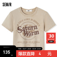 森马（Semir）[商场同款]短袖T恤女短款修身印花2024新款做旧复古辣妹夏装