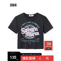 森马（Semir）短袖T恤女短款修身印花2024做旧复古辣妹夏装 黑色90001 170/92A/XL