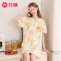 芬腾睡裙女【100%棉花卉】2024年夏季透气圆领甜美薄款短袖裙家居服