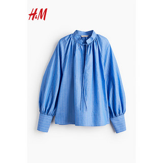 H&M 女士衬衫2024春灯笼袖上衣1226475 蓝色/条纹 170/104A L