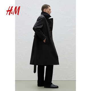 H&M男装风衣2024春季宽松双排扣中长款大廓形系带外套1221882 黑色 170/92A S