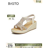 百思图（BASTO）2024夏季时尚复古罗马凉鞋坡跟厚底增高女凉鞋A8365BL4 白/金 37