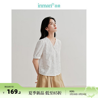 茵曼（INMAN）100%纯棉绣花衬衣2024春夏女装气质短袖显瘦休闲法式打底上衣 米白色 XL