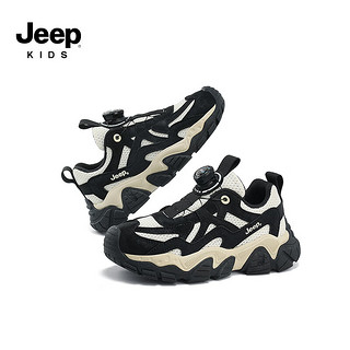 Jeep吉普男童鞋软底透气女童跑步鞋春秋款2024休闲网面儿童运动鞋 黑米色 32码 鞋内长约20.6cm