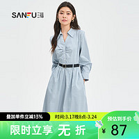 SANFU 三福 连衣裙2023秋气质V字翻领褶皱收腰时尚裙子女装473837 蓝条 165/88A/M