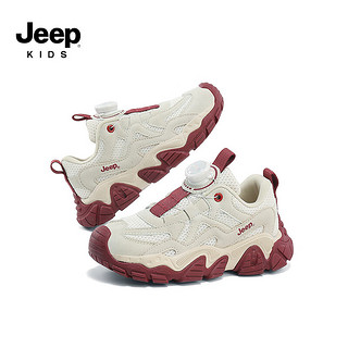 Jeep 吉普 男童鞋软底透气女童跑步鞋春秋款2024休闲网面儿童运动鞋 米酒红 28码 鞋内长约17.9cm