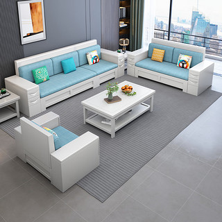 卡洛森现代中式白色实木沙发组合棉麻科技布艺L型高靠储物转角客厅家具 五人位+长茶几