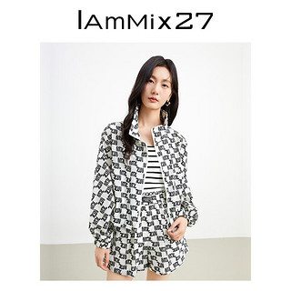 Iammix27春夏连帽衫女宽松运动休闲时尚百搭印花薄外套女短款 黑白 S