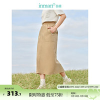 茵曼休闲直筒半身裙2024春季女装松紧腰大口袋显瘦显高裙子 卡其色 M