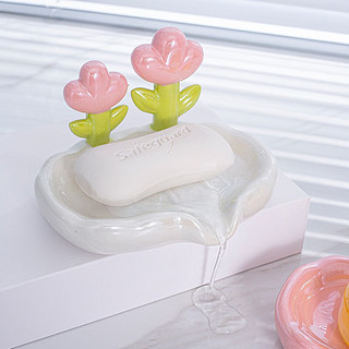 范爷家 轻奢陶瓷沥水肥皂盒创意免打孔家用可爱花朵香皂盒洗手台收纳皂碟 轻萌花朵皂盒（粉色）